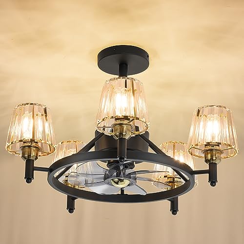 Black Gold Chandelier Fan With Lights Remote,25.5Inch Ceiling Fan with Glass Lampshade,7 Blades & 3 Speed & Timing,3 Adjustable Speeds Farmhouse Industrial Fan 5 E26 Sockets Reversible Blade Direction
