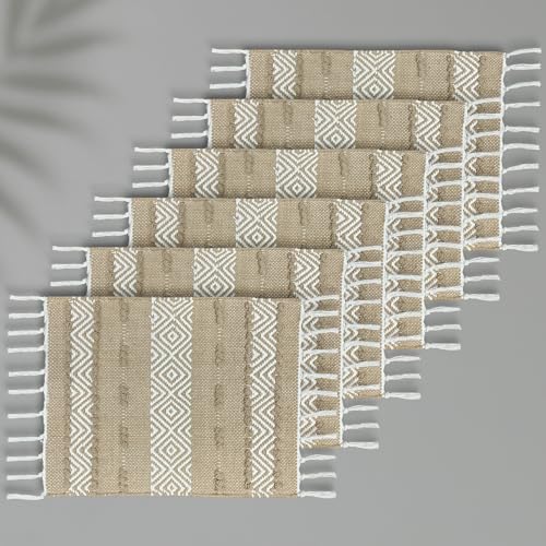Image of Luxe Home Cotton Table Placemats with Tassels Rectangular Woven Dining Mats Heat Resistant, Washable Table Mats for Dining Table Home, Kitchen & Restaurants (66x33 cm) Set of 6