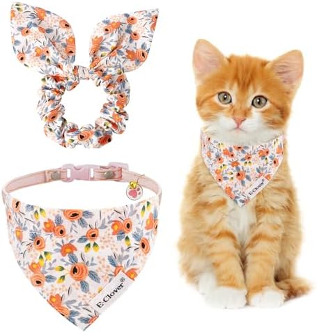 E-Clover Cat Collar & Matching Scrunchie Girl Cat Collars with Removable Bandana Bell Adjustable for Kitten Kitty Owner Gift Orange Floral