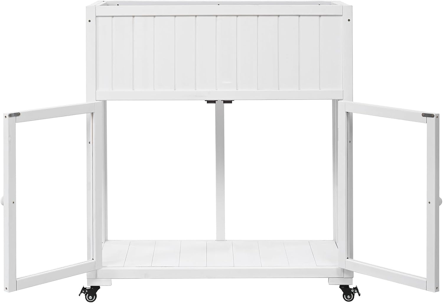 Wooden Cold Frame Greenhouse with Wheels, Garden Shed for Plants, Compact 2 Doors Greenhouse Cabinet, Flower Plant Cabinet with Raised Bed, White 35.4''x17.7''x37.4''