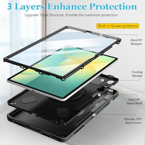 Image of Case for Galaxy Tab S10 FE Plus 13.1 inch 2025: TPU Cover for Samsung Tablet S10 FE Plus /+ 13.1 Inch with Screen Protector- Stand- Handle-Shoulder Strap-S-Pen Holder-Black+Black