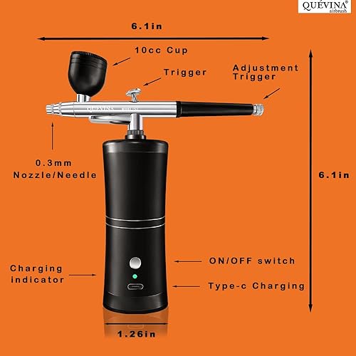 Miniatura 5 de Quevina - Pistola de aerógrafo de 0.016 in, boquilla de aerógrafo de doble acción, cepillo de aire de alimentación por gravedad grande con tazas,