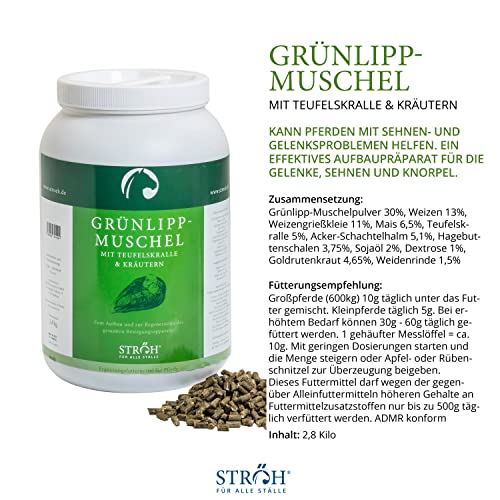 STRÖH Grünlippmuschel Pellets Pferd (2,8kg) • Mit Teufelskralle & Kräuter für Pferde • Unterstützung für Bänder, Sehnen & Gelenke