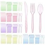300 Pieces Glitter Plastic Silverware Set Disposable Clear Plastic Cutlery Flatware for Party 100 Knives 100 Spoons 100 Fork for Party Birthday Dinnerware Supplies(Multicolor)