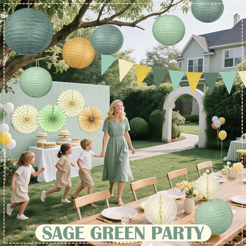 17Pcs Sage Green Party Decorations, Sage Green Gold Cream Paper Lanterns Paper Fans for Baby Shower Birthday Wedding Engagement Bridal Shower Party Decorations by Peywot - Used condition - Image 5