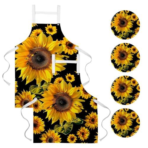 Lot de 2 tabliers de cuisine avec 4 broches à motif tournesols, taille unique multicolore
