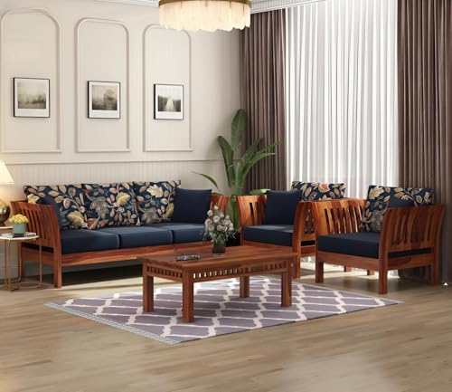 Image of Solid Sheesham Wood 5 Seater Sofa Set for Living Room | 5 Seater Sofa Set | Stylist & Comfact Sofa Set for Home Decor | (Honey Finish, 5)