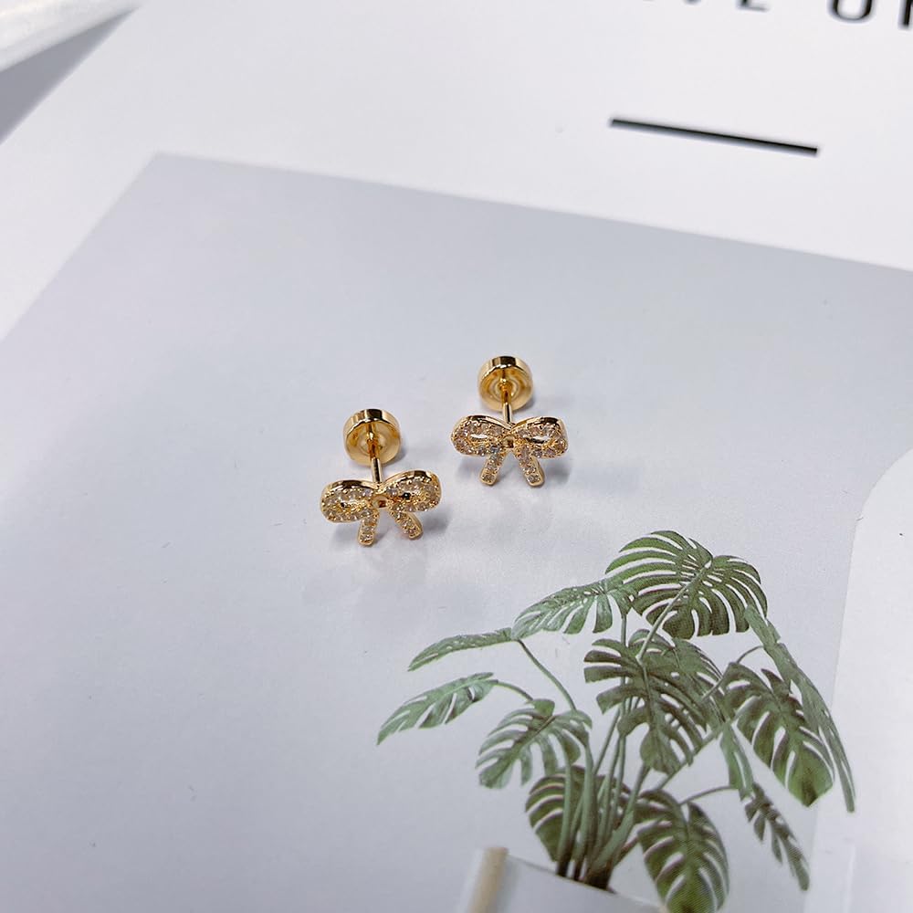 20g Cute Bow CZ Flat Screw Back Small Stud Earrings for Women Titanium Steel Gold-Tone Dainty Sparkling Crystal Ribbon Cartilage Tiny Studs Fashion Jewelry - Image 3