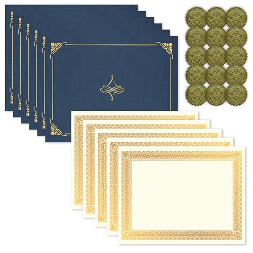 Geographics Navy Blue Linen Certificate Award Kit with Gold Foil Seals & Ivory Cardstock Certificates, 8.5″ x 11″, 75-Piece Recognition Set
