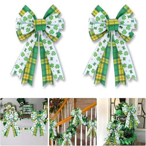 2 Pack St. Patricks Day Shamrock Bows for Door Frame Fireplace Tree Decorations - YEFIUO Clover Bows & Ribbons Decorative 8.66