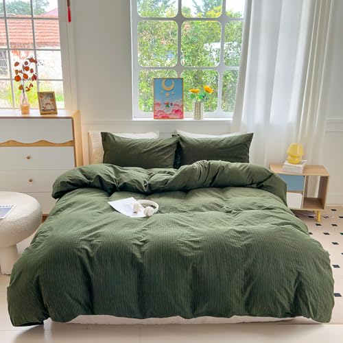 Image of PinkMemory Green Striped Duvet Cover King 100% Washed Cotton Olive Green Stripes Duvet Cover Set 3pcs Pinstripe Pattern Bedding Set with Zipper Closure Corner Ties,Soft Breathable