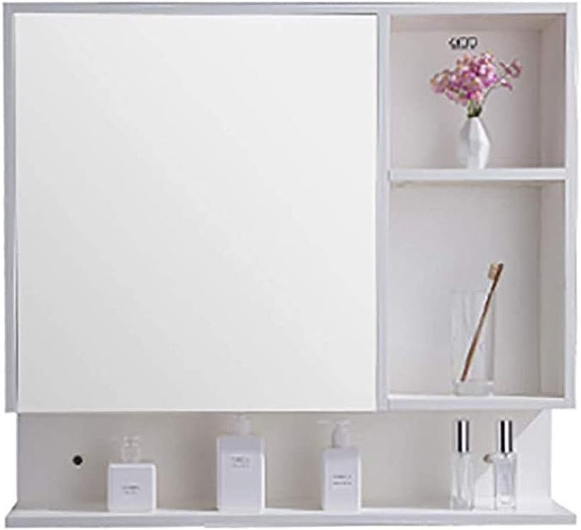 Solid Wood Sliding Bathroom Mirror Cabinet Wall Mounted Bathroom Mirror Cabinet 5 Shelves Storage Unit Furniture,White-80 * 73 * 14cm