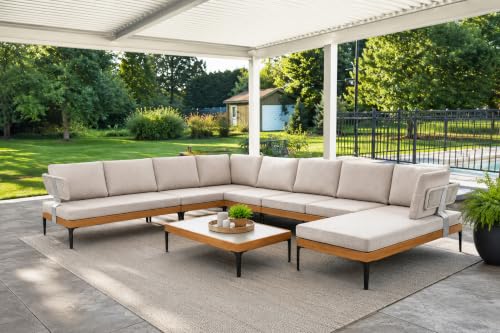 Image of PURPLE LEAF Patio Furniture Set Outdoor Sectional Sofa with Coffee Table Cushions and Pillows Wicker U-Shaped 9 Pieces Aluminum Conversation Sets for Balcony Yard Poolside Garden, Oatmeal Greige