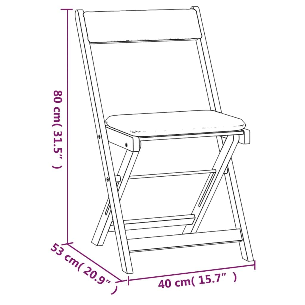 Ensemble de bistro pliable 3 pièces avec coussins en bois d'acacia massif, 1 table de 60 x 60 x 73 cm, 2 chaises de 40 x 53 x 80 cm, pour terrasse, balcon, jardin, peu encombrant et robuste