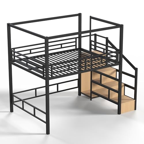 Image of Bellemave Queen loft Bed with Storage Stairs, Wardrobe, LED,Canopy Support Pole, Metal Loft Bed Frame for Adults, Kids, Teens, Canopy can be Disassembled, Black+Natural Wood