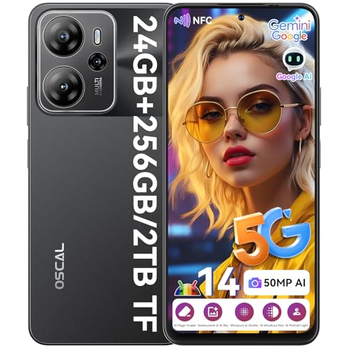 OSCAL Tiger 13 Smartphone 5G Gemini AI, 24GB+256GB/2TB-TF Smartphone Android 14, Octa-Core, 6.67" HD+ 90Hz, AI 50MP+8MP, 18W Ricarica Rapida, 5G Dual SIM Telefono Cellulare NFC/OTG/GPS Nero