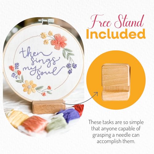 Image of Elly & Grace Christian Embroidery Kit with Embroidery Hoop, Easy Embroidery Kit for Beginners and Adults, Full Embroidery Hoop Kit with Needles and Thread Included (Then Sings My Soul)