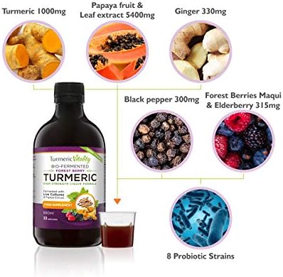 Turmeric Curcumin with Probiotics & Enzymes - Fermented High Strength Liquid Turmeric Supplement with Black Pepper & Ginger Equivalent to 2 Turmeric Capsules - Turmeric Shots