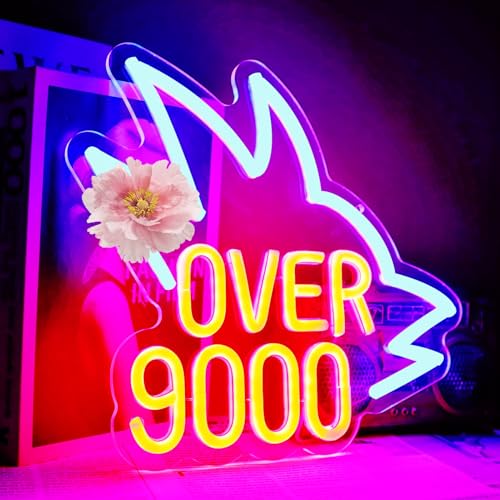 Image of inchOver 9000 inchNeon Sign for Wall Decor, 11.8 inch x 10.6 inch Dimmable USB Japanese Anime LED Light, - Funny Gamer Decor for Bedroom, Game Room, Man Cave, Power Level Gift