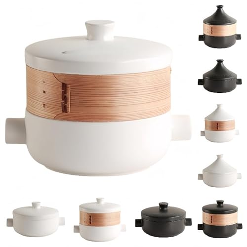 Zekonoセラミックタジン鍋モロッコ料理用 蓋と蒸し器付きキャセロール シチュースープポット耐熱鍋 小さなタジン鍋 直火 多機能 調理器具 (2.5L 白色丸柄スープ鍋 蒸し器付き)