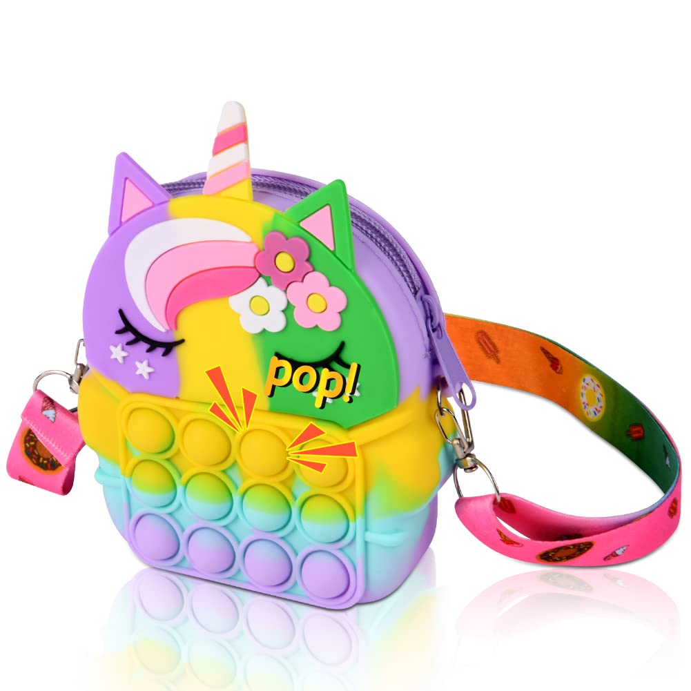 Ainiv Pop Push It dla dziecka, 2 w 1, Fidget Toys, torba na ramię z regulowanym paskiem, z motywem jednorożca, zabawka antystresowa