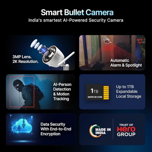 Image of Qubo Smart Outdoor 3MP WiFi Bullet Camera | Free 1-Year Subscription | 2K CCTV cam | Color NightPulse Vision | AI Person Detection | Smart Spotlight | IP66 Weatherproof | Made in India