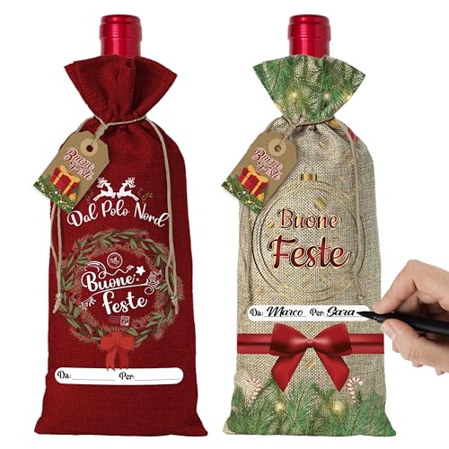 KAÏDENSÏ 12 Sacchetti per Bottiglie di Vino con Etichette Natalizie -12 Borse Regalo Vino con Bigliettino Auguri Carta Kraft -Idee Regalo Natale 2024