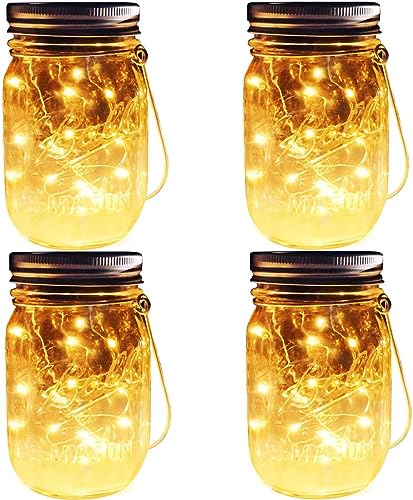 Miners2000 4 Pack Solar Mason Jar Lights,30 LEDs Warm White Waterproof Fairy Firefly String Lights Build-in Glass Mason Jar, Best Patio Garden Decor Solar Hanging Lanterns Outdoor