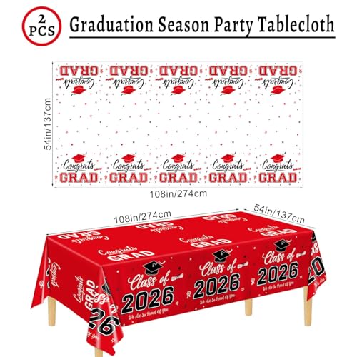 Image of Oigco 2026 Graduation Decorations, 2 Pack Red Graduation Tablecloths Class of 2026, Congrats Grad Plastic Table Cloths for Graduation Party Decorations, 54 x 108 Inch