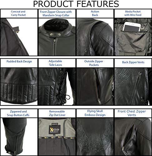 Xelement B96333 Men's 'Flying Mayhem Skull' Black Leather Moto Jacket with X-Armor Protection - 2X-Large