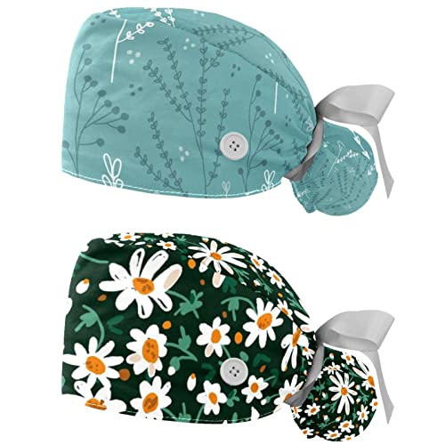 IROLSKDNFH Adjustable Working Caps with Buttons for Women Spring Flower Surgical Nurse Hats 2 Pack