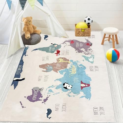 Tapis lavable en machine USTIDE grand format rose avec planisphère ludique