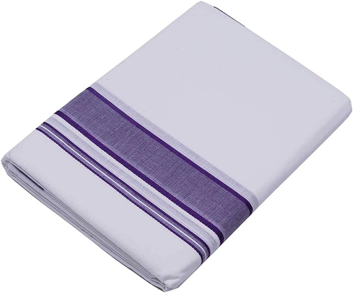 Kolakeer™ Men's Rich Cotton Dhoti with Canal Kara Border - 2.0 Mtrs/Single Layer South Indian Kerala Veshti Mundu (Violet)