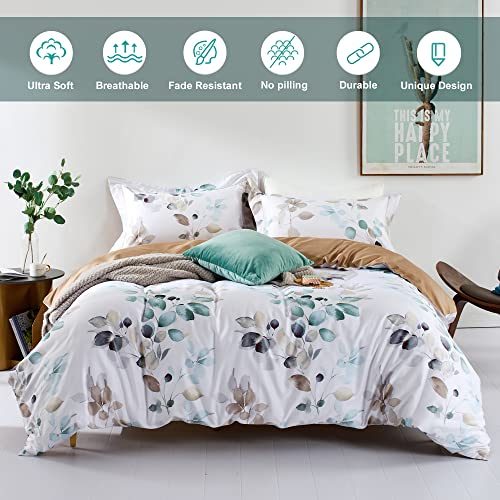MILDLY Duvet Cover King Size 100% Egyptian Cotton Gradient Teal Blue Leaves Plant Pattern Printed Comforter Cover Set Ultra Soft & Breathable Unique Design Farmhouse Bedding Set 3pcs (No Comforter) - Thumbnail 2