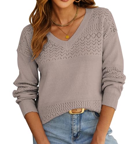 Image of Bluetime Womens Fall Fashion 2024 Sweaters V Neck Ribbed Knit Lightweight Casual Long Sleeve Crochet Pullover Sweater Tops