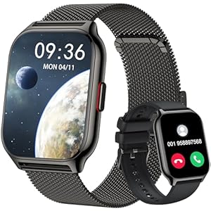 Smartwatch für Damen Herren,Fitnesstracker 2’01 Zoll mit Telefonfunktion/Sprachassistent/Message Reminder,Fitnessuhr Puls-Schlaf-Monitor(Metall schwarz + Silikon schwarz)