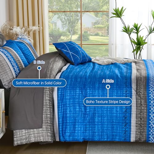 Image of Dintszyayue Blue Queen Comforter Size Set, 8 Pieces Boho Striped Texture Bed in a Bag Sets, Lightweight Soft Bohemian Comforter and Sheet Set, All Season Microfiber Bedding Sets for Men Women