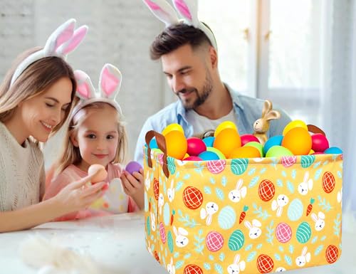 Image of Large Rectangular Easter Baskets Empty Waterproof Boy Toy Box Foldable Kid's Gifts Storage Bin Spring Room Decor(Yellow Leaf Rabbit Egg)