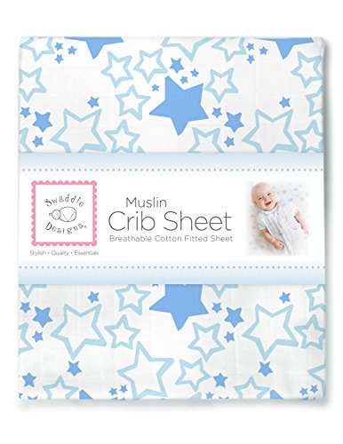 Image of SwaddleDesigns Softest Cotton Muslin Fitted Crib Sheet /Toddler Sheet for Baby Boy & Girl, Blue Starshine