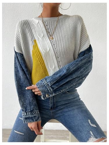 MakeMeChic Women's Patchwork Crew Neck Sweater Asymmetrical Long Sleeve Drop Shoulder Knit Pullover Top3