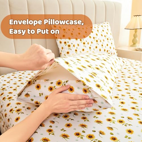 Image of Softan Floral Sheet Set Queen, Sunflower Printed Bed Sheets Queen, Cozy Double Brushed Microfiber Fitted Sheet with 15 inch Deep Pocket and Corner Straps, Cute Yellow Flower Sheet & Pillowcase Sets