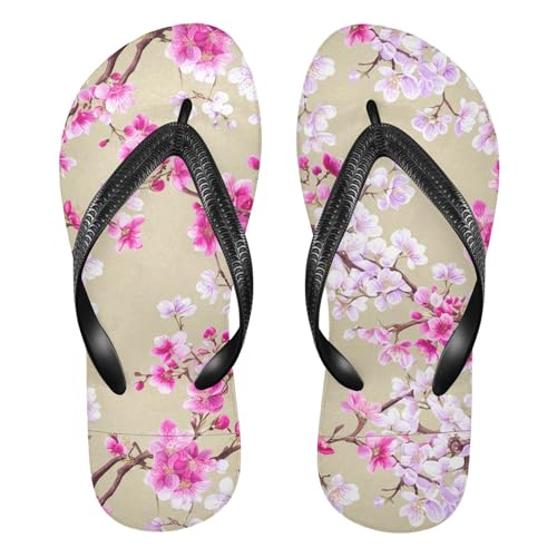 Sinestour Cherry Blossom Branch Beige Flip Flops for Beach Thong Sandals Anti-slip Lightweight Beach Slippers for Indoor Outdoor House
