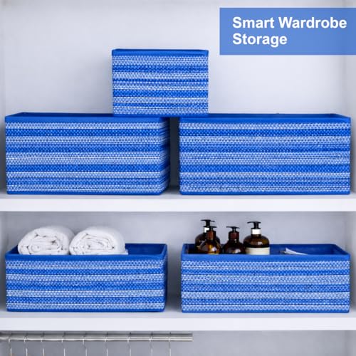 Image of DALUCI 6 Piece Foldable Clothing Storage Box Set | Cube Storage Bins and Dividers for Wardrobe Cloth Organizer for Storage Cupboard and Drawer Organizers for Shirts Pants Underwear Bras Socks (Blue)