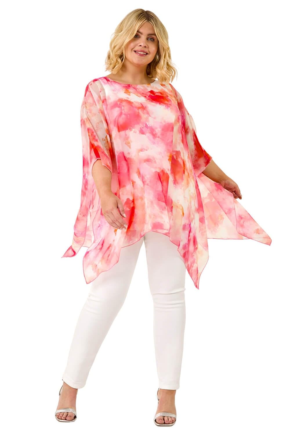Roman Overlay Top for Women UK - Ladies Summer Blouse Spring Everyday Holiday Autumn Work Winter Round Neckline Comfy Pull-On Soft Vacation 3/4 Length Sleeves - Pink Ivory Plus - Size 18