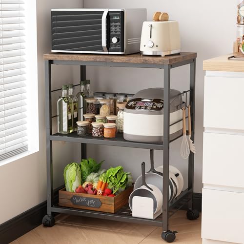 Ornestia Metall Küchenregal mit Arbeitsplatte, 3 Ebenen Servierwagen mit Rollen für Mini-Backofen, Mikrowellen, Metallrahmen, 210 lbs Tragkraft Rollwagen für Küche, Wohnzimmer, Esszimmer