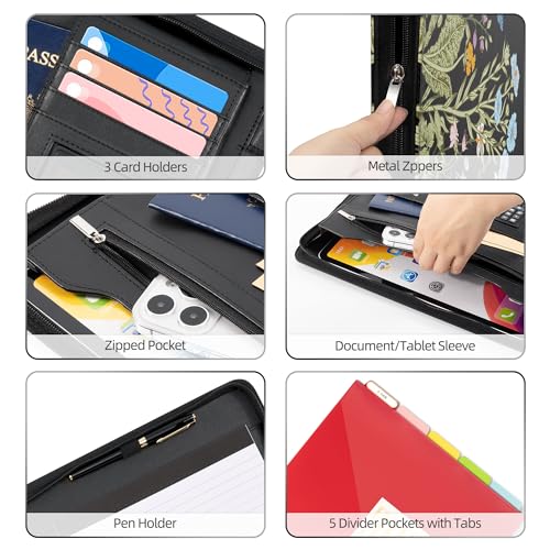 ospelelf leather portfolio folder with zipper - 3 ring binder with clipbard - calculator 121 tablet sleeve 5 dividers with 10 pockets refillable notepad card holder bushes