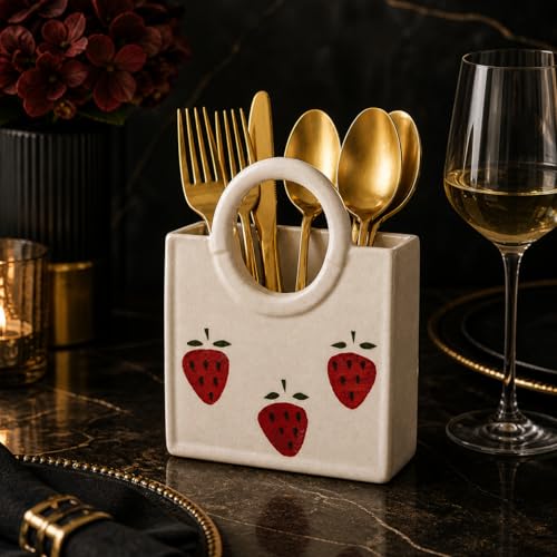 Image of Ceramic Utensil Holder, White Kitchen Organiser, Cutlery Set Holder (Strawberry)