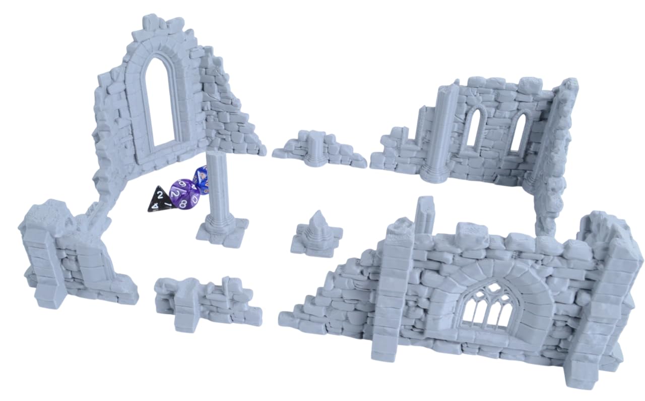 9er Set Klosterruinen für Tabletop – 28mm & 32mm Gelände Gotische Ruinen, 3D-Druck aus PLA-Kunststoff, Tabletop Zubehör für Wargaming, Miniaturen, D&D & Warhammer 40k, Grau