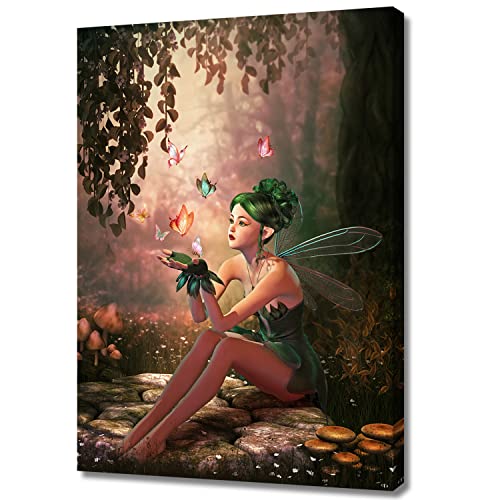 Soothan Nursery Decor Magical Forest Wall Art Fantasy Green Fairy & Colorful Butterfies Painting Canvas Prints Nature Wonderland Picture Fairytale Wall Decor For Kids Bedroom Dorm Decoration 12"X16" #TOP6
