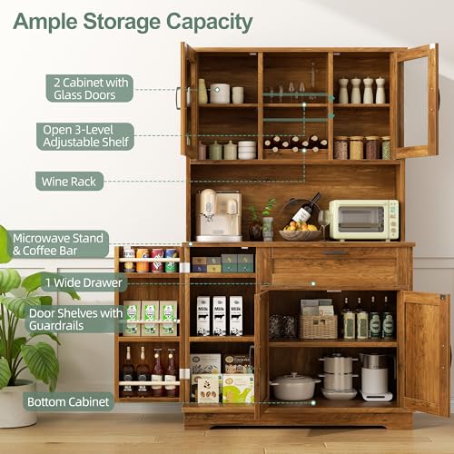 Image of Shintenchi Kitchen Pantry Storage Cabinet, Freestanding Buffet Cabinet with Microwave Stand & 3 Door Shelves, Kitchen Hutch with Doors, Adjustable Shelves and Wine Rack, Brown